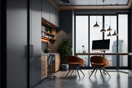 Corner of grey and brown office interior with desk, stylish niche, cabinets, panoramic view, three rolling chairs and concrete floor. Concept of modern CEO work place design.