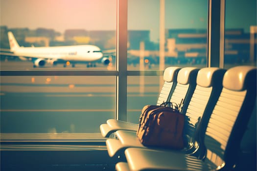 Departure lounge for see Airplane, view from airport terminal.vintage color selective focus.
