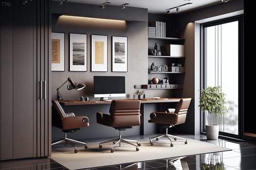 Corner of grey and brown office interior with desk, stylish niche, cabinets, panoramic view, three rolling chairs and concrete floor. Concept of modern CEO work place design.