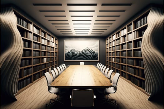 Boardroom interior with wave pattern wall, wooden floor, long table with chairs and rows of shelves with folders in them. Front view.