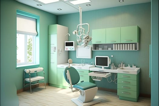 Dental clinic interior design with several working boxes and tools.