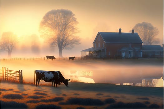 Early morning view of a Virginia farm at sunrise. Beautiful soft glow of the sun, illuminating a soft low lying fog as cows graze in the field.