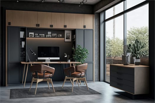 Corner of grey and brown office interior with desk, stylish niche, cabinets, panoramic view, three rolling chairs and concrete floor. Concept of modern CEO work place design.