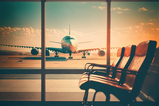 Departure lounge for see Airplane, view from airport terminal.vintage color selective focus.