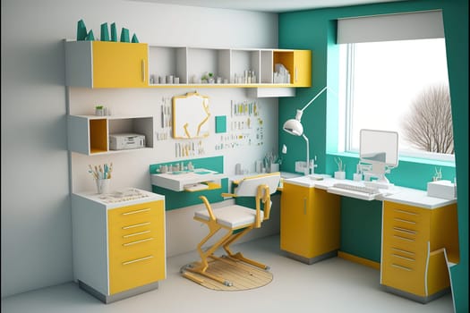Dental clinic interior design with several working boxes and tools.