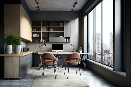 Corner of grey and brown office interior with desk, stylish niche, cabinets, panoramic view, three rolling chairs and concrete floor. Concept of modern CEO work place design.