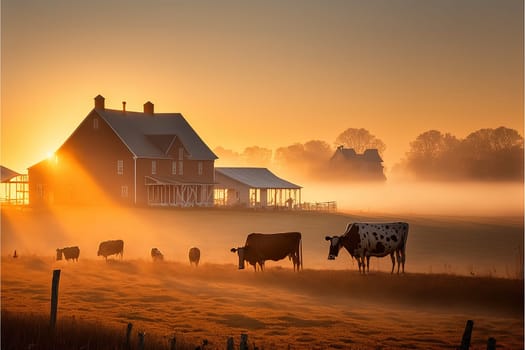 Early morning view of a Virginia farm at sunrise. Beautiful soft glow of the sun, illuminating a soft low lying fog as cows graze in the field.