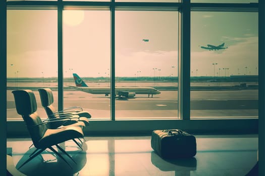 Departure lounge for see Airplane, view from airport terminal.vintage color selective focus.