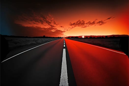 Red July sunset over an asphalt road with a white dividing strip.