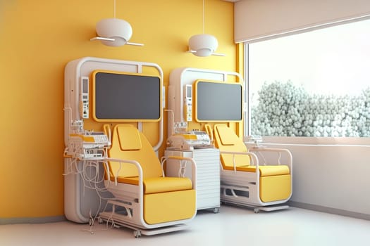 Side view of a hospital ward with yellow walls, two beds, two monitors and two chairs. Concept of medicine and illness treatment.