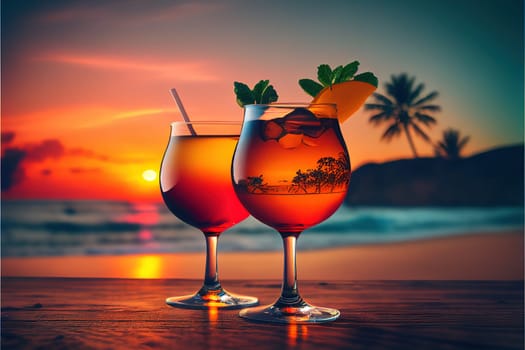drinks with blur tropical beach and sunset in background.