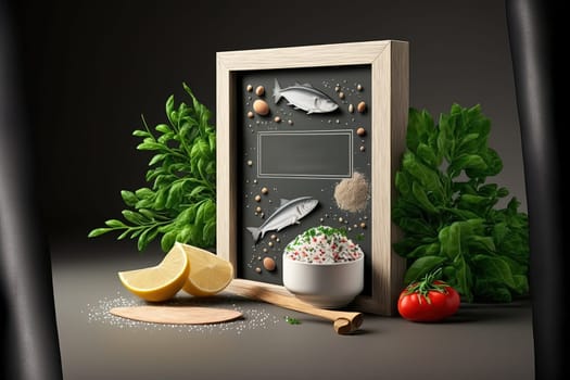 Empty board in frame of canned fish sea food set, on gray background with herbs and ingredients, with copyspace and space for text