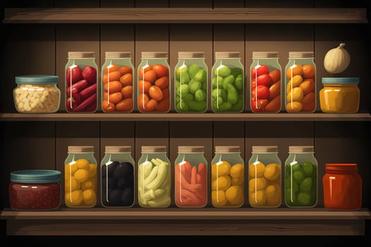 Horizontal view of two wooden shelves holding a variety of canned vegetables and fruit, lined up in rows of glass jars. Food staples canned include sauced tomatoes, corn, sweet potatoes, saurkraut, roasted red peppers, cucumbers, pickles, peaches, and a tomato and corn soup.