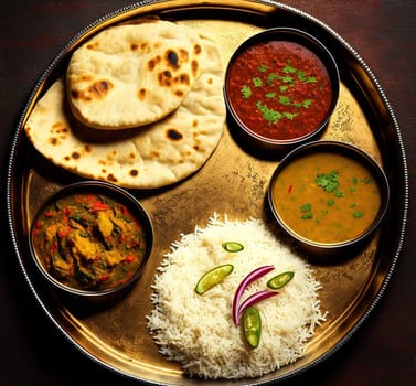 Traditional Indian food Thali served in plate. Top view. stock photo Thallus, Food, Culture of India, Curry - Meal, Chapatti.