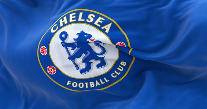 London, UK, Jan 2022: Close-up of the Chelsea Football Club flag waving. Blue Heraldic lion holding a staff. Rippled Fabric. Textured background. Selective focus. Realistic 3d illustration