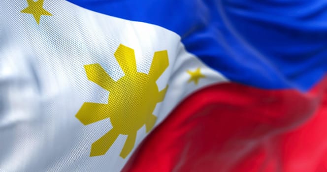 Philippines national flag waving. The Republic of the Philippines is an archipelagic country in Southeast Asia. Rippled Fabric. Textured background. Selective focus. Realistic 3d illustration