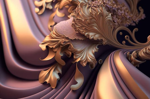 Floating metallic fabric and ornaments background in pink and gold. Generative AI