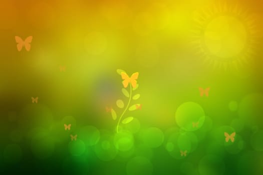 Abstract blurred vivid spring summer green yellow bokeh background texture with butterflies and sunshine.