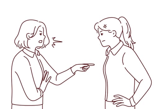 Angry women fighting or quarrelling. Mad furious girls blame each other, making guilty. Anger and misunderstanding. Vector illustration.
