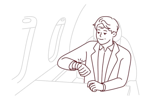 Mature rich man sit in airplane looking at wristwatch being in rush. Elderly male in business class of plane worried about miss deadline. Vector illustration.
