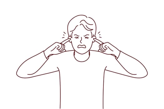 Unhappy young man cover ears suffer from unbearable noise. Upset stressed guy close ears feel bother and annoyed with sound. Vector illustration.