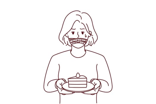 Unhappy woman with mouth closed refuse from chocolate cake. Stressed girl follow diet cover mouth from dessert. Vector illustration.