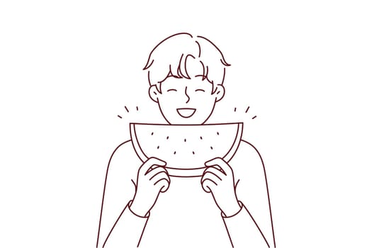 Smiling young man eating watermelon. Happy guy enjoy slice of fresh fruit. Nutrition and summer fruit. Vector illustration.