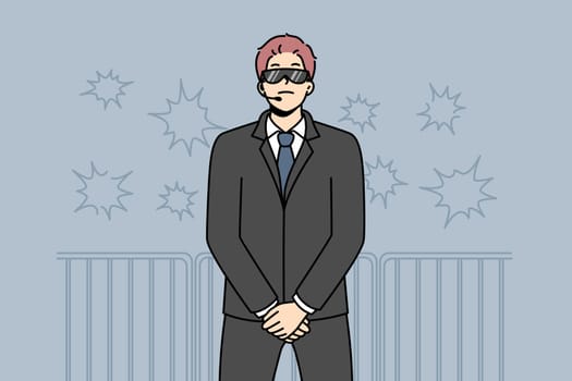 Male security in black suit and sunglasses at concert. Man guard in front of crowd at performance on stage. Vector illustration.