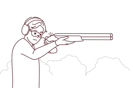 Man in headphones and glasses shoot with rifle in shooting gallery. Guy with weapon in hands hunting in park. Vector illustration.