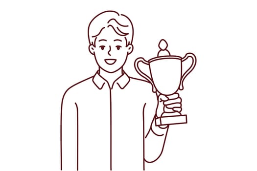 Smiling businessman holding gold trophy in hands celebrate win or victory. Happy man with golden prize win competition. Success and accomplishment. Vector illustration.
