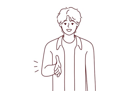 Smiling young man stretch hand for shake getting acquainted or meeting someone. Happy guy handshake at meeting closing deal. Vector illustration.