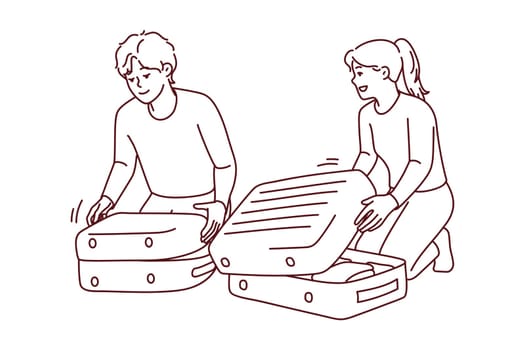 Happy couple packing suitcase getting ready for vacation. Smiling man and woman pack baggage excited about traveling. Tourism concept. Vector illustrations.