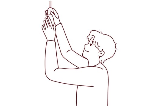Man put lightbulb indoors. Male screw light bulb on ceiling. House renovation and repair. Generating business idea concept. Vector illustration.