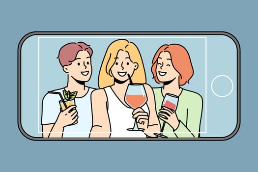 Happy diverse people drink cocktails make selfie on cellphone. Smiling friends enjoy celebration take self-portrait picture on smartphone. Vector illustration.