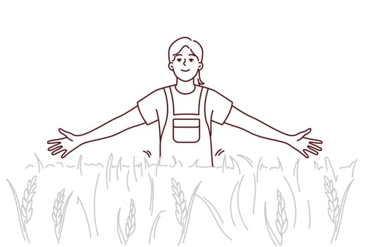Smiling girl walking in field enjoying sunny weather outdoors. Happy female in cropland or pasture. Environment and nature. Vector illustration.