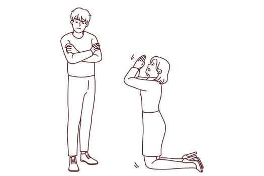 Woman kneel ask forgiveness from man. Female stand on knees beg stubborn offended male to forgive. Relationship problems. Vector illustration.