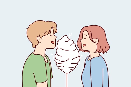 Youth boy and girl with cotton candy, smiling eat street food bought during walk together in park or mall. Candy floss between two kids eating dessert at same time. Flat vector illustration