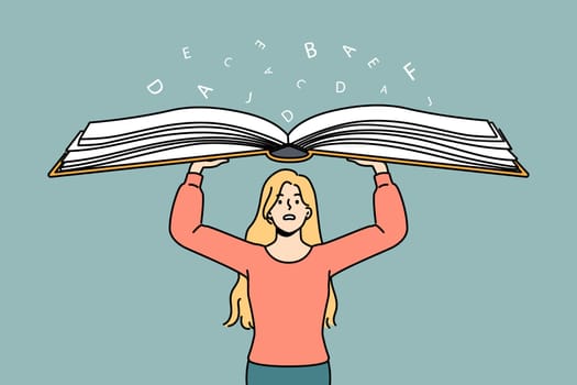 Worried young woman holding huge book in hands. Anxious female overwhelmed with textbook information and data. Education and learning problem. Vector illustration.