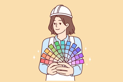Woman painter holds paper palette with options for shades offers to choose right color for painting walls. Girl in protective helmet works in field of construction or repair. Flat vector illustration