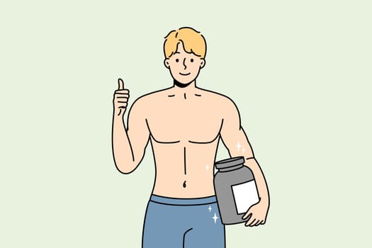 Smiling bodybuilder holding protein bottle recommend healthy lifestyle. Happy muscular guy with nutrition supplement in hands. Sport and diet. Vector illustration.