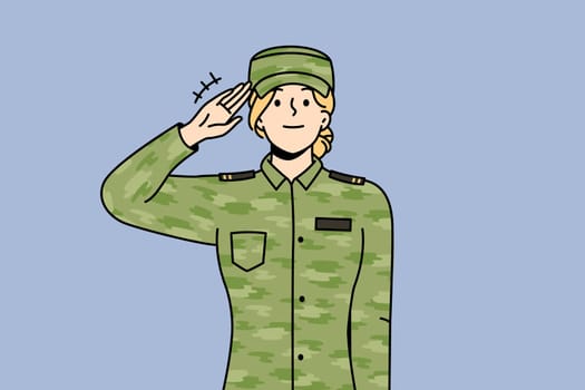 Female soldier in khaki uniform saluting. Woman serving in army making hand gesture show respect and greeting. Military service concept. Vector illustration.