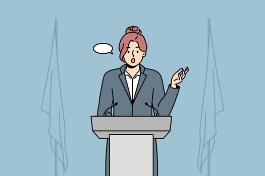 Businesswoman with speech bubble above head speak at conference. Female employee in formalwear make presentation at business meeting or seminar. Vector illustration.