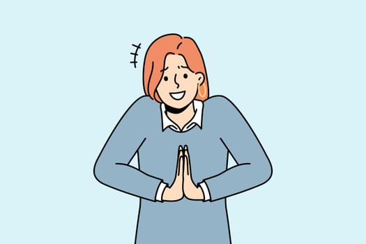 Smiling young woman hold hands in prayer asking for favor. Millennial female beg someone kindness or service. Vector illustration.