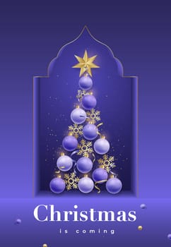 Balls and snowflakes in shape of Christmas tree. Modern Christmas illustration with inscription: Christmas is coming.
