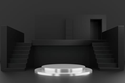 Abstract geometric podium background. Minimalist primitive shapes. Modern mockup. Blank template. Empty showcase. 3d render of shop display
