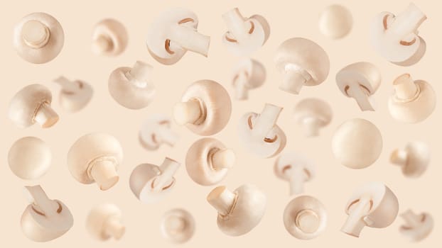 Creative levitation pattern with mushroom. Selective focus. Isolated vegetables. Packaging concept. Clip art image for package design.