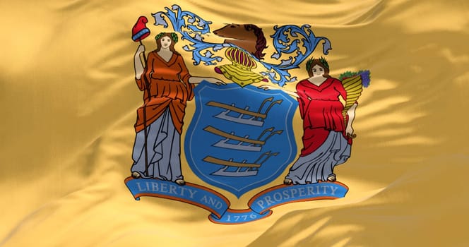 Close-up of the New Jersey state flag. Coat of arms on buff background. US state. Rippled fabric. Textured background. Realistic 3d illustration