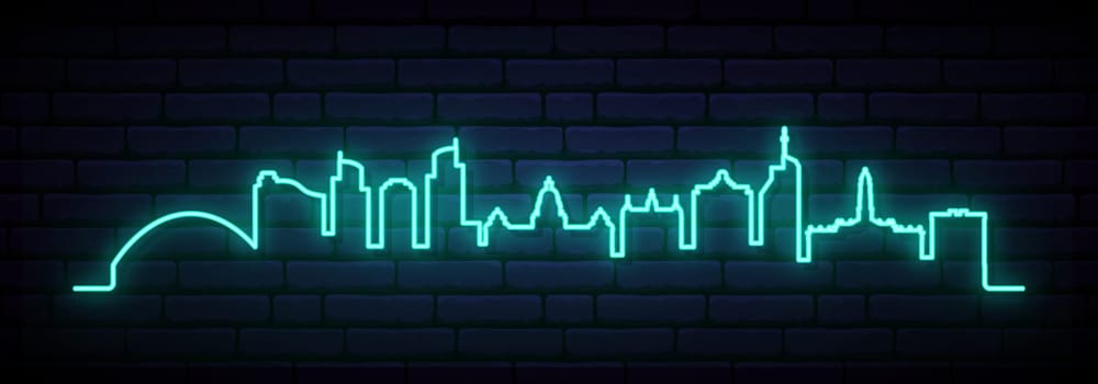 Blue neon skyline of Durban. Bright Durban City long banner. Vector illustration.