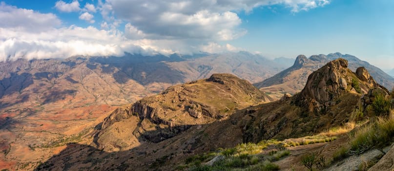 Andringitra national park, Haute Matsiatra region, Madagascar, beautiful mountain landscape with trail to Chameleon peak and massifs. Hiking in Andringitra mountains. Madagascar wilderness landscape.
