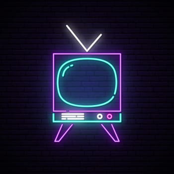 Neon retro TV sign. Glowing retro TV with antenna on dark brick wall background. Vector illustration in neon style.